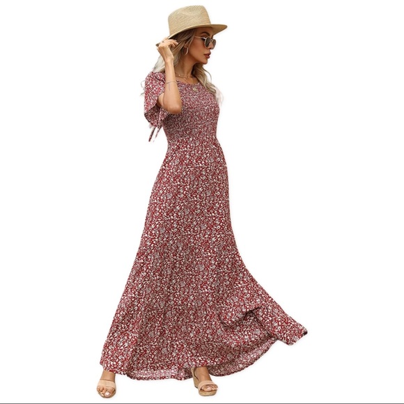 Kranda Round Neck Short Flutter Sleeve Smocked Floral Maxi Dress XXL - Picture 4 of 11